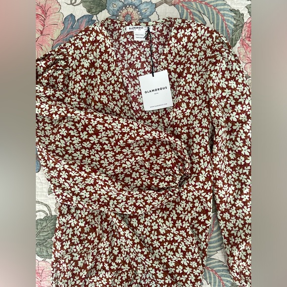 Glamorous Petite Wrap Midi Dress in Brown Green Ditsy (NWT) - Picture 7 of 8